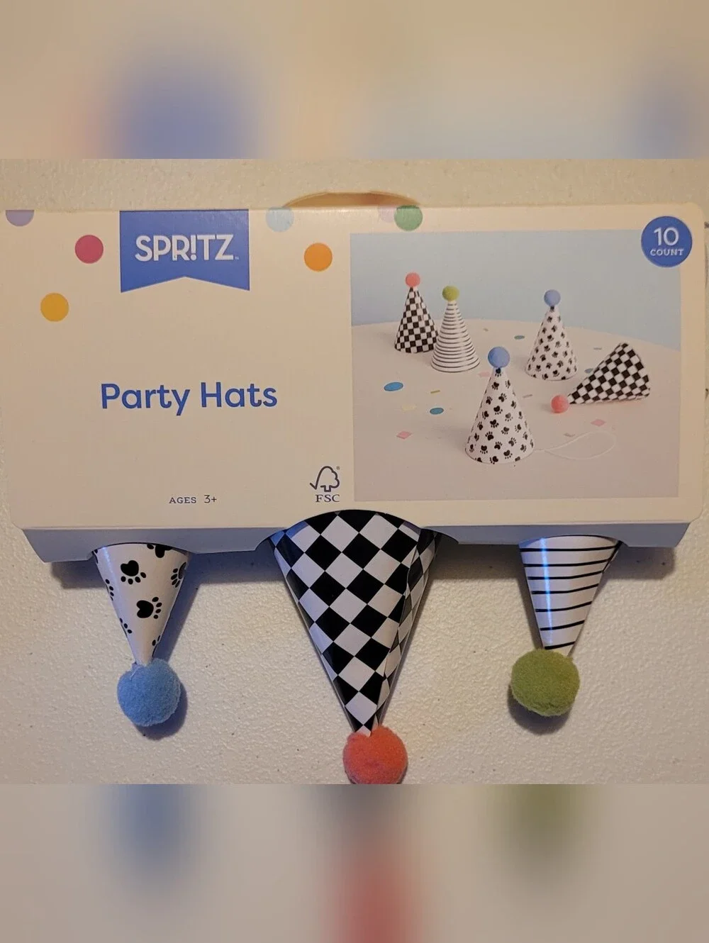 2 Spritz Black & White Patterned Party Hats Packs With Pom Poms, 20 Total